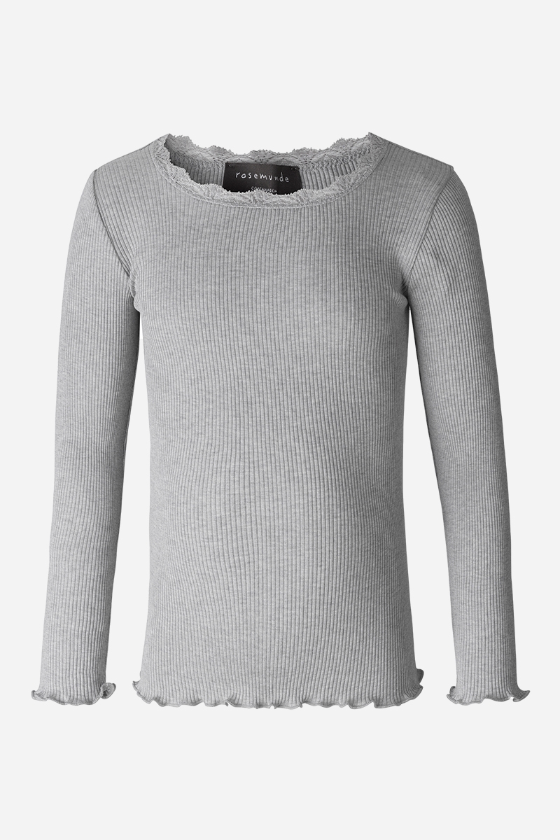 Rosemunde Silk Blus med spets - Light Grey Melange